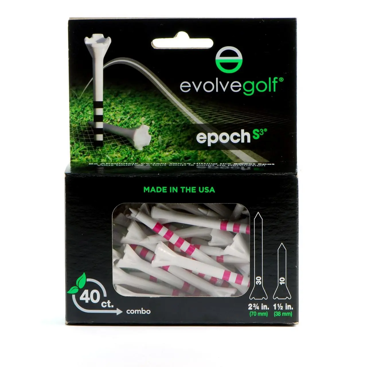EVOLVE GOLF EPOCH White/Pink Combo Pack (30 Count 2 3/4 Inch) & (10 Count 1 1/2 Inch) Tees 3 EVOLVE GOLF EPOCH White/Pink Combo Pack (30 Count 2 3/4 Inch) & (10 Count 1 1/2 Inch) Tees
